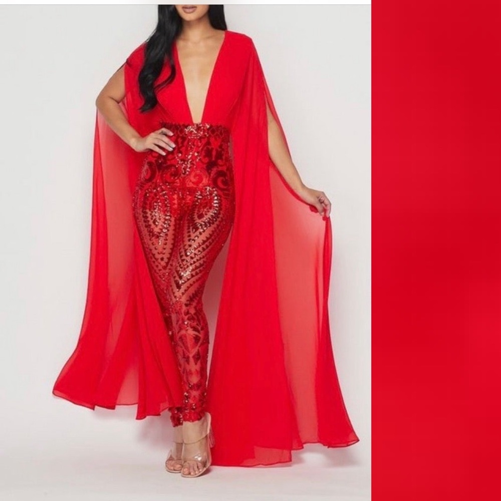 Sequin Jumpsuit With Split Dramatic Sleeves - image 5